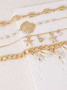 Bộ 4 chiếc/Bộ trang trí vòng tay nhiều lớp họa tiết vỏ sò, sao biển và ngọc trai giả Bohemian, phù hợp cho trang phục đi biển của phụ nữ, phụ kiện mùa hè - Vàng - Xem 3
