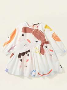 Loose A-Line Long Sleeve Knee-Length Dress, Casual For Gaming And Vacation, Featuring Random Cartoon Prints, Cute Princess Dress, Suitable For Young Girls, Fashionable Design With Vibrant Colors