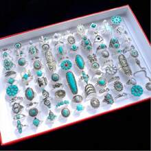 8/10/20 peças/lote de anéis turquesa estilo boêmio retrô para mulheres, conjunto de joias de dedo com pedra artificial azul de estilo misto, estilo presente de festa, envio aleatório