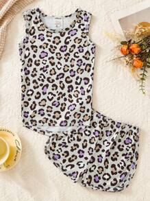 2 Peças Conjunto de Pijama Ajustado para Meninas, Regata e Shorts com Estampa de Leopardo, Roupas de Descanso Fofas, Confortáveis e Macias, Verão