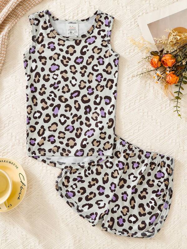 2 Peças Conjunto de Pijama Ajustado para Meninas, Regata e Shorts com Estampa de Leopardo, Roupas de Descanso Fofas, Confortáveis e Macias, Verão