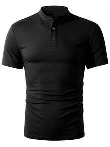 Camisa polo de hombre de unicolor con cuello alto, estilo henley de moda