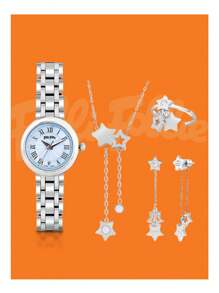 Folli Follie Relógio feminino com 4 peças, conjunto de brincos e colar, relógio de pulso feminino de quartzo, relógio elegante para mulheres, colar de estrela, brinco de estrela, anéis de dedo de noivado, conjunto de presente