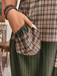 Women's Fashionable Casual Lattice Cuffed Jumpsuit, Loose & Comfortable For Leisure, Beach, Daily Commute, Home, Spring/Summer