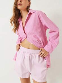 Chemise à manches longues rayée décontractée pour femmes BIANCO LUCCI, convenant pour les vêtements d'automne pour le travail, tenue d'aéroport pour femmes - Rose bonbon - Voir 4
