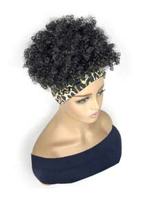 Curly Wigs  Headband Wig Half  Short Black Wig With Headband Attached Scarf Wigs With Stripe Turban Wrap Wig Short Kinky Deep Jerry Curly Hair Synthetic Wigs - 黑色 - 查看 6