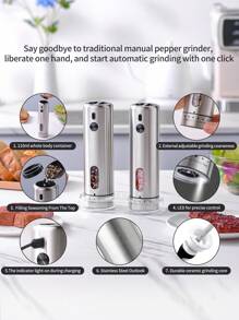 CLITON Zestaw młynków do pieprzu i soli ze stali nierdzewnej z akumulatorem USB-C - światło LED, zewnętrzna regulacja grubości, 110 ml, 300 mAh - idealny prezent na Boże Narodzenie, Ramadan, Eid i Diwali | Prezent do kuchni i na Nowy Rok | (zestaw podstawowy pojedynczy lub 2 w 1)