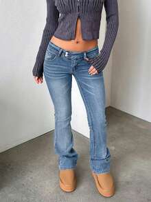 Quần jeans ống loe cạp thấp phong cách đường phố Y2K (phong cách thường ngày) - Rửa trung bình - Xem 4