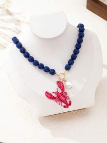 1 pièce Collier pendentif de perles de homard en alliage et perles en relief de thème côtier haut de gamme pour femmes, convient pour les vacances et le port casual