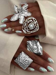 4枚复古夸张金属几何波浪褶皱仿珍珠戒指，独特甜美朋克风不对称椭圆形合金包裹开口戒指，适合女性假日派对约会日常佩戴，可作为礼物 - 銀色 - 查看 8