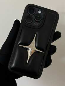 1pc Y2K Silver Electroplated Cross Star 3D Leather Phone Case Compatible With IPhone16 15 14 13 12 11 Pro Max Soft Leather Back Cover - Black - View 3