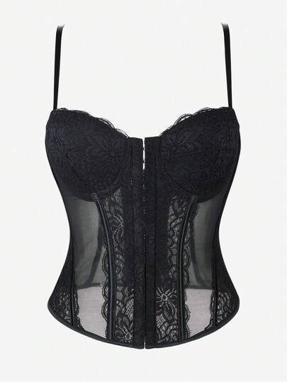 Top de corset de malla para damas, camiseta de tirantes finos de uso exterior negra, bustier con cordones y huesos ajustable