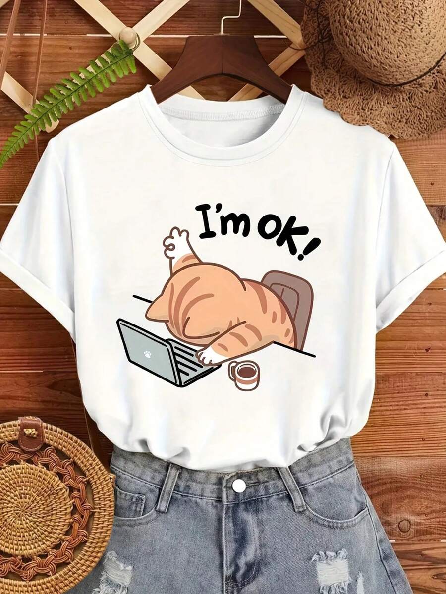 Women T  Fashion Cotton Plus Size Kids Cat PC Computer Work Fashion Streetwear Fashion Over - 白色 - 查看 1
