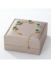 1pc Colorful Shell Inlaid Clover Charm Flower Chain Bracelet, Fashionable & Elegant For Women & Girls