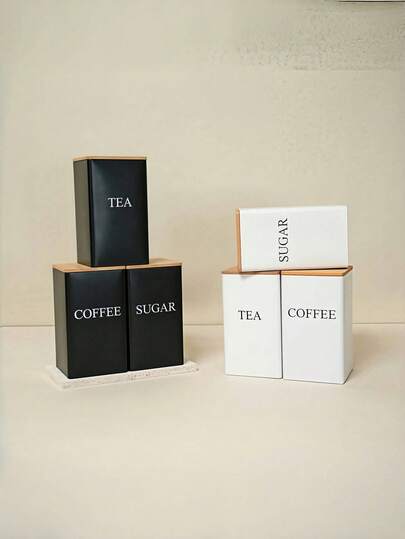 3-Piece Kitchen Storage Canister Set, Food Storage Tin Cans With Lids And Bamboo Spoons, White/Black Kitchen Storage Jars, 5.9*3.34*3.34 Inch Food Storage Containers, Waterproof Kitchen Storage Boxes With Lids Square Tea Leaf Cans, Iron Storage Canisters With Engraved Labels, Suitable For Coffee, Tea, Sugar, Kitchen Organization, Dining Room, Living Room, Tea Room, Gift For Friends And Family