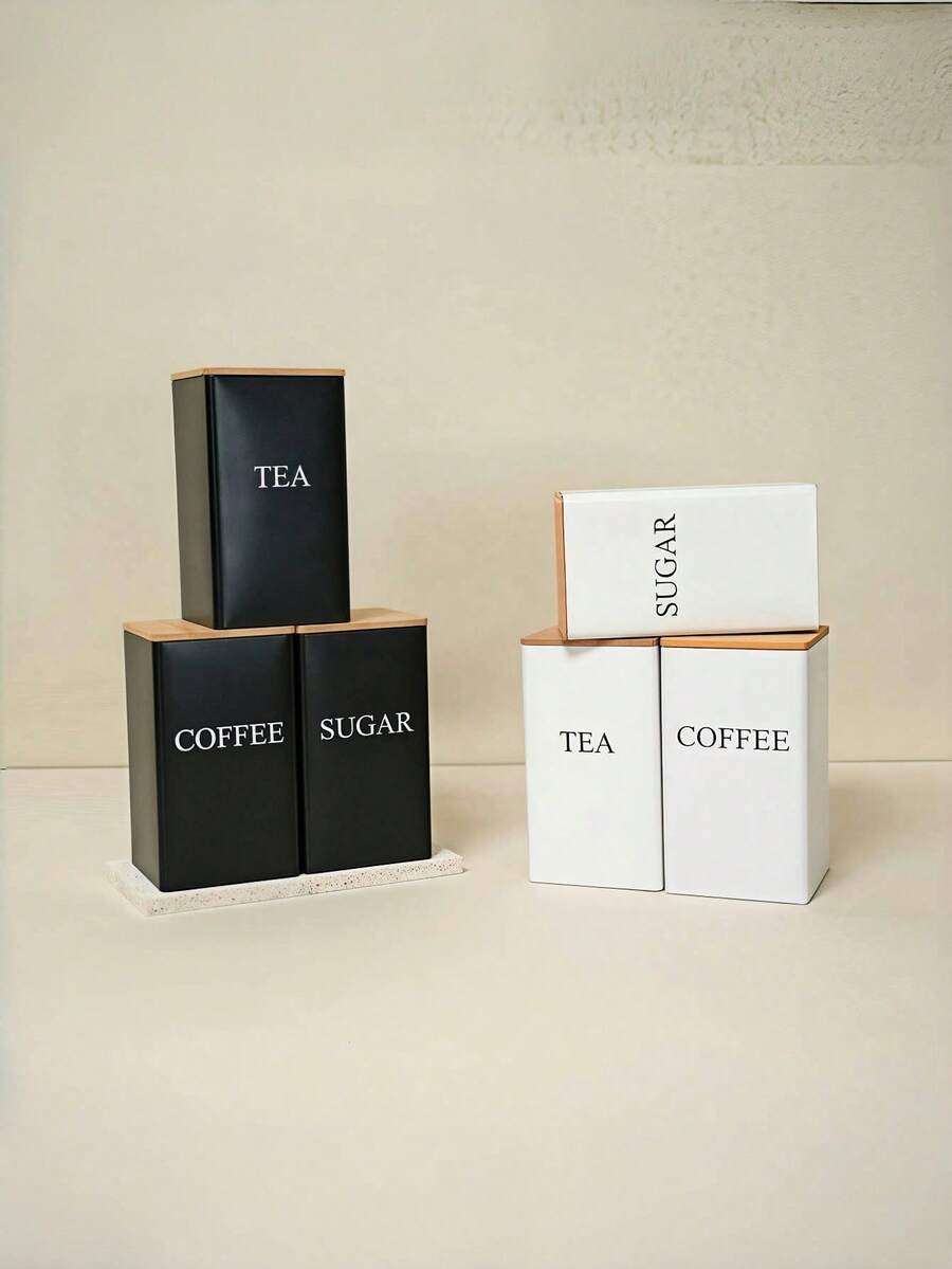 3 件套厨房储物罐套装,带盖食品储物罐和竹勺,白色/黑色厨房储物罐,5.9*3.34*3.34 英寸食品储物容器,防水厨房储物盒带盖方形茶叶罐,带雕刻标签的铁质储物罐,适用于咖啡、茶、糖,厨房整理,餐厅,客厅,茶室,送给朋友和家人的礼物 - 彩色 - 查看 1