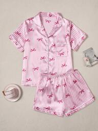 Conjunto de pijama de top de manga corta con lazo y estampado de rayas, y shorts para mujer