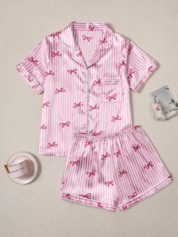 Women's Bow & Stripe Print Short Sleeve Shorts Pajama Set ,Vacation