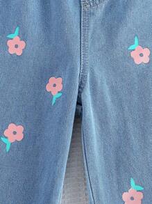 1pc Girls' Cute Printed Casual Elegant Versatile Straight Leg Jeans, New Autumn/Winter Design - Medium Wash - View 6