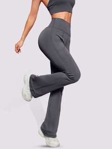 1pc Women's Solid Color Breathable Yoga Wide Leg Pants With Pockets, Tight Fit Flared Trousers For Outdoor, Sports, Cycling, Running, Tennis Spring - Grey - View 3
