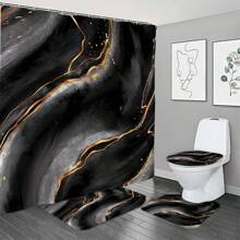 1/4 jeux de rideaux de salle de bain avec imprimé marbre noir pour la décoration d'automne, comprenant un rideau de douche imperméable, un tapis antidérapant, un couvre-siège de toilette et un tapis en U, un kit de rideaux complet avec 12 crochets, décoration de salle de bain, cadeau de fête des mères