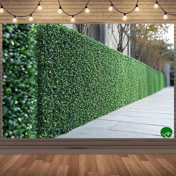 1 Pc 2D Artificial Green Hedge Fence Backdrop With Trees And Concrete Path - Realistic Polyester Fabric, Suitable For Birthday Parties, Outdoor Celebrations, Festivals - No Electricity Needed, Easy To Install, Party Decor, Natural Appearance, Durable Decoration