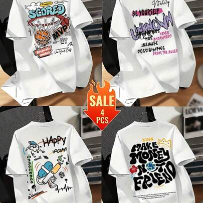 4PC (220 Cotton T-Shirt) Letter And Cartoon Image Print For Men's Summer Round Neck Short Sleeved Casual Cotton Print