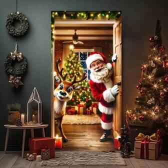 2D 圣诞老人与驯鹿门横幅，1 件 - 涤纶，适合家庭入口和户外圣诞装饰