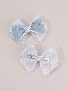 2 pièces Nœuds de cheveux en denim bleu clair pour femmes, avec paillettes scintillantes, pinces alligator avec tulle blanc. Pinces à cheveux mignonnes et douces pour une utilisation quotidienne. Barrettes délicates, accessoires pour cheveux des femmes, pinces plates, épingles à cheveux, pinces à cheveux