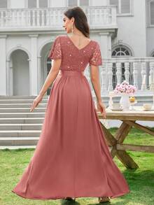 MIUSOL Abito da sera lungo con scollo a V, maniche a volant, orlo plissettato, decorato con fiori e paillettes a contrasto, adatto per invitati di matrimonio, estate, damigelle, cerimonie di laurea, gala ed altre occasioni - Rosa antico - Visualizzare 3