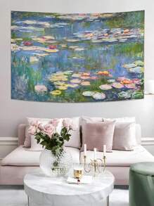 1 buc tapiserie de perete cu nufăr Monet, poster de artă florală verde cu plante pentru dormitor, femeie și bărbat, mic iaz cu flori naturale, tapiserii de acuarelă pentru decor de dormitor în cameră, decor școlar, surpriză școlară, decor de dormitor, înapoi la școală