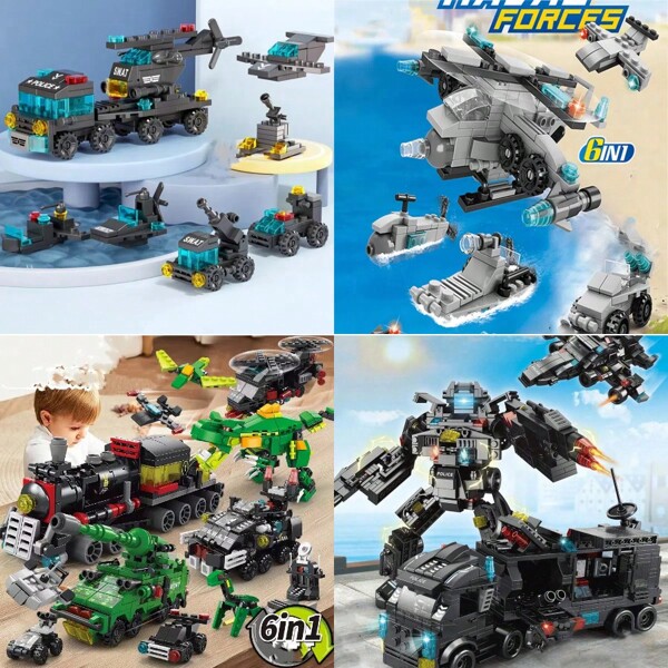 Bloques de construcción 8 en 1 de la fuerza policial especial, brigada de bomberos, policía, tanque militar de partículas pequeñas, juguetes educativos de rompecabezas para niños, robot transformable, desarrollo de inteligencia, regalo de cumpleaños para niños y niñas
