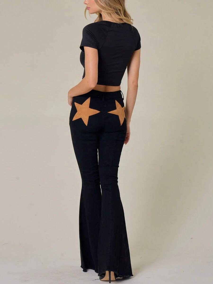 Women Back Stars High Waisted Flared Jeans Summer Y2k Star Pattern Raw Hem Slim Fit Bell Bottomed Denim Pants Vintage Jean Streetwear 4th Of July Outfits Independence Day Clothes - 黑色 - 查看 1