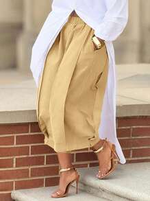 Pantaloni de damă de primăvară/vară, mărime mare, culoare solidă, casual, cu picior larg, cu buzunare, kaki, ținută versatilă de zi cu zi