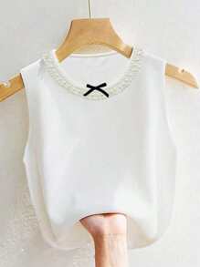 Elegant Round Neck Sleeveless Contrast Color Pearl Bowknot Detail Women Camisole