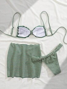 新款柔软条纹细肩带优雅性感三件式比基尼泳衣，女士夏季沙滩时尚泳装度假装 - 綠色 - 查看 3