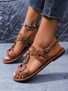 Sandali piatti da donna, in stile boho con colore unito, in pelle sintetica (PU) con fibbia, adatti per spiaggia, matrimonio, festa, ufficio, casa e attività all'aperto in estate