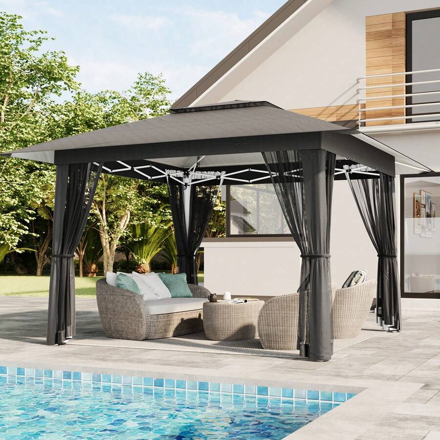 13x13 Pop Up Gazebo Tent With Mosquito Netting, Outoor Canopy Tent With 4 Sandbags, 8 Stakes, 4 Ropes, Roller Bag, Pop Up Canopy Tent For Lawn Backyard Garden Deck,Outdoor Furniture - 灰色 - 查看 1