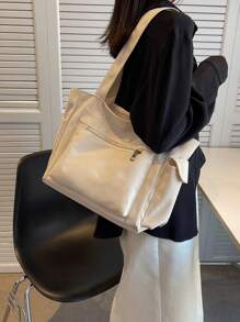 Bolsa de ombro grande com vários bolsos, cor lisa, moderna, minimalista, casual, para viagem, escola, compras
