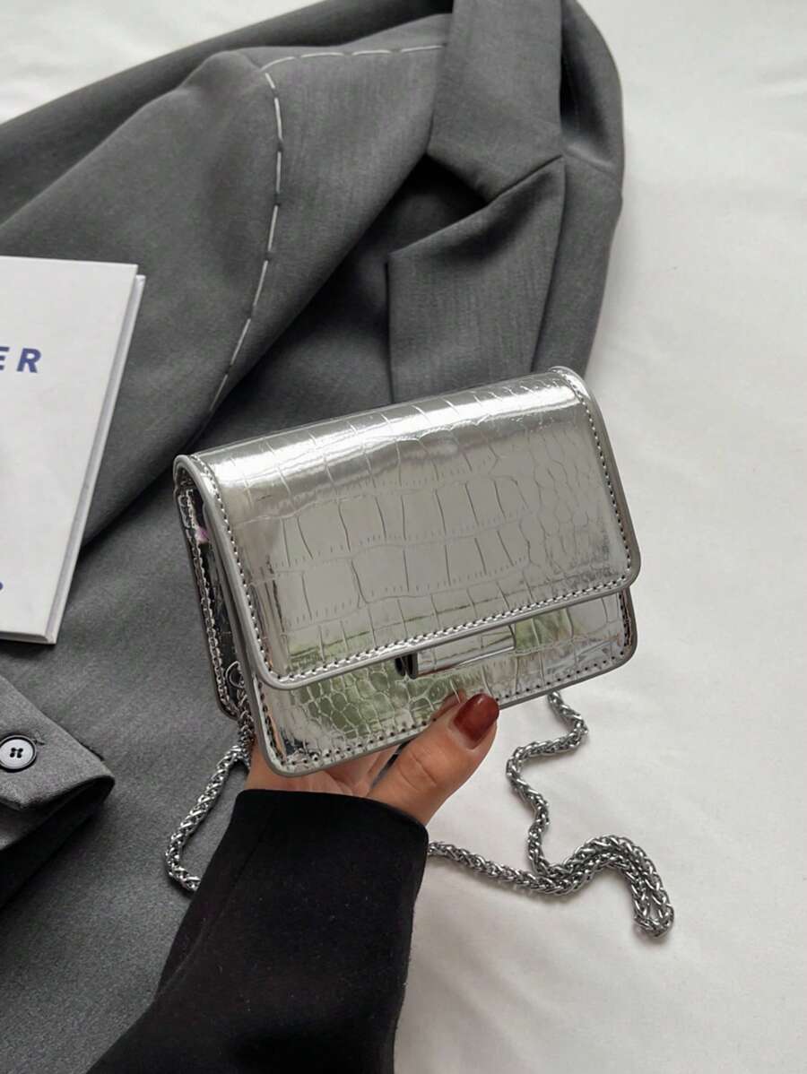Mini Square Bag Metallic Crocodile Embossed Flap , Funky, Punk & Bag For Street Wear