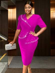 Plus Size Women's Turn-Down Collar Pearl Embellished Short Sleeve Fitted Dress - Hot Pink - View 5