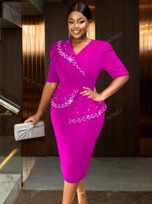 Plus Size Women's Turn-Down Collar Pearl Embellished Short Sleeve Fitted Dress