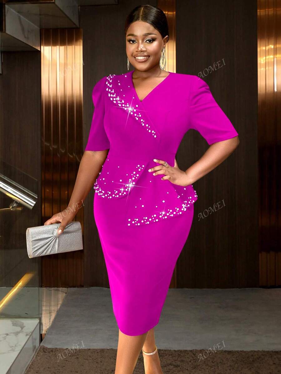 Plus Size Women's Turn-Down Collar Pearl Embellished Short Sleeve Fitted Dress