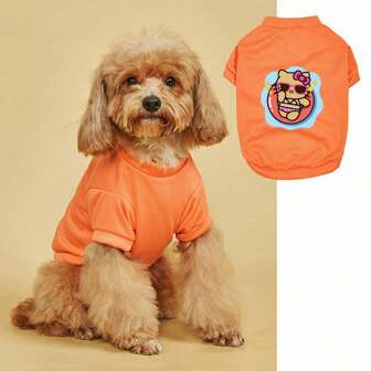 Sanrio 1pc Pet Cat Round Neck Polyester Sweatshirt With Cute Cat Sunbathing Printed Design, Suitable For Indoor/Outdoor Casual Wear, Breathable And Sun Protection