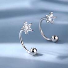 1 Pair Pentagram Cubic Zirconia Stainless Steel C-Shape Ear Studs, Daily Wear & Gift Idea For Women