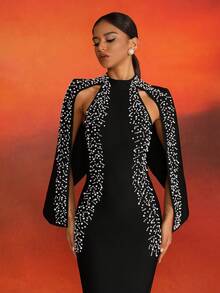 Elisanya Váy dài tay đính hạt thanh lịch cho nữ Love Aing, váy sang trọng cho tiệc, đám cưới, dịp cao cấp - màu đen - Xem 7