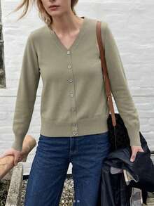 GIGOGOU Women's Solid Color Long Sleeve Single-Breasted Knit Cardigan, Suitable For Spring And Autumn - Khaki - View 4