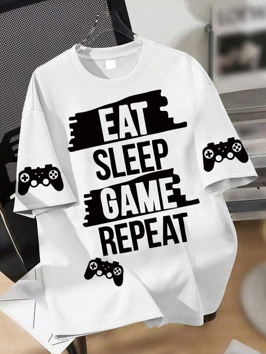 1 st. t-shirt med spelslogantryck för tonårspojkar, "Ät, sov, spela"-grafik, lämplig för skolbruk, vår/sommar - Vitt - Visa 1