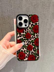 1 Stück Blumen Handyhülle mit Leopardenmuster, Grün Blätter & Rote Rose Grafik, matter TPU Schutzhülle, Sturzsicher kompatibel mit Apple/ Handy wie 16 Promax, 15Pro, 14plus, 13, 12promax, 11, S24 Ultra, S23 FE, S22, S21, S10, A54, A35, A14, A05S