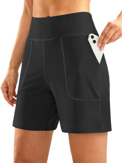 1pc Women Plus Size High Waist Elastic Tummy Control Tight Yoga Shorts, Casual Stylish With Pockets, Outdoor Workout Leggings